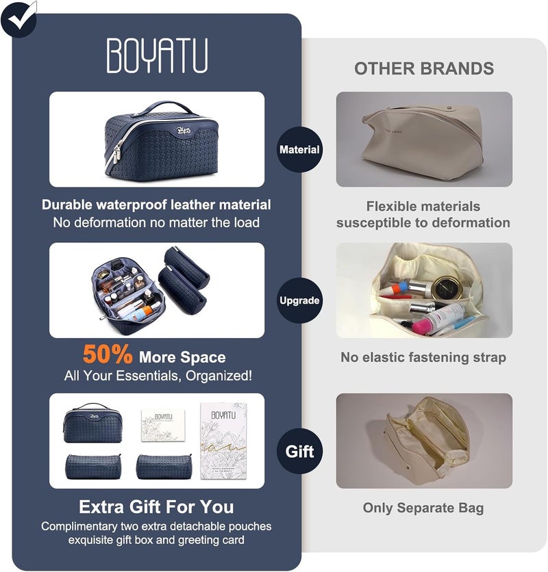 BOYATU Travel Makeup Bag Cosmetic Bags for Women: Large Capacity 3 Pcs Set Make up Bag with Compartments - Waterproof Vegan Leather Toiletry Organizer Bags with Handle (L40 Blue) - Image 3